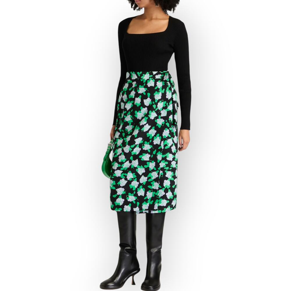 Sz12 DVF DianeVonFurstenberg Elma Floral Cady Midi Wrap Skirt Green
